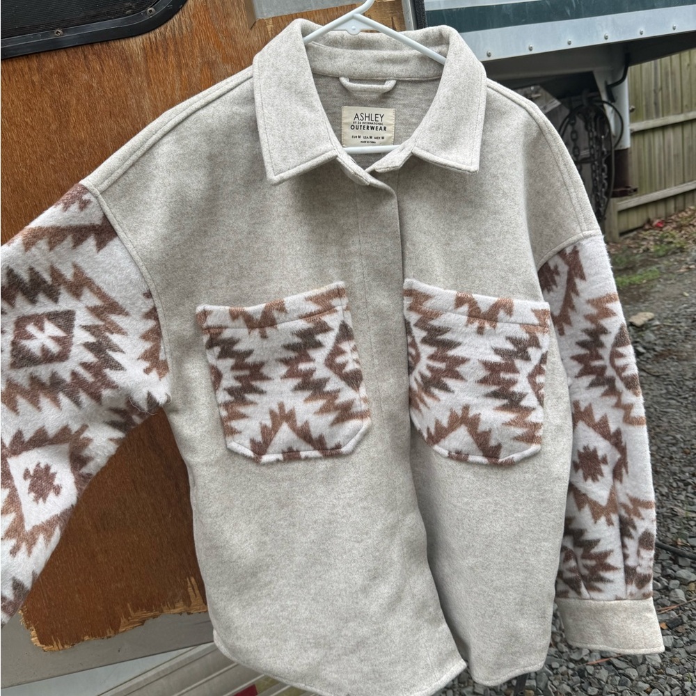 Ashley By 26 International Cream and Brown Cardigan with Geometric Pattern